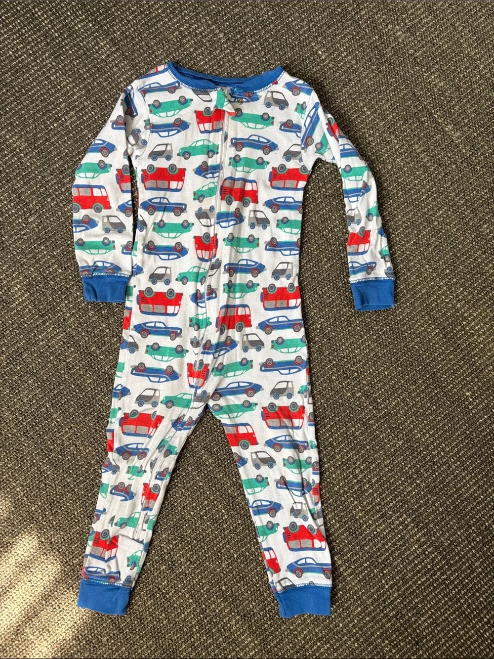 White Kids One-Piece Footie with Red and Blue Car Print